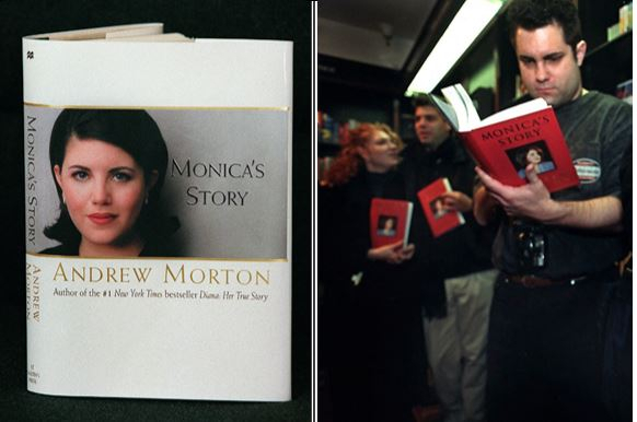 르윈스키가 1999년 발간한 자서전 '모니카 이야기'와 서점에서 이 책을 구입하고 사인을 받으려고 줄 서 있는 사람들/사진=AFP