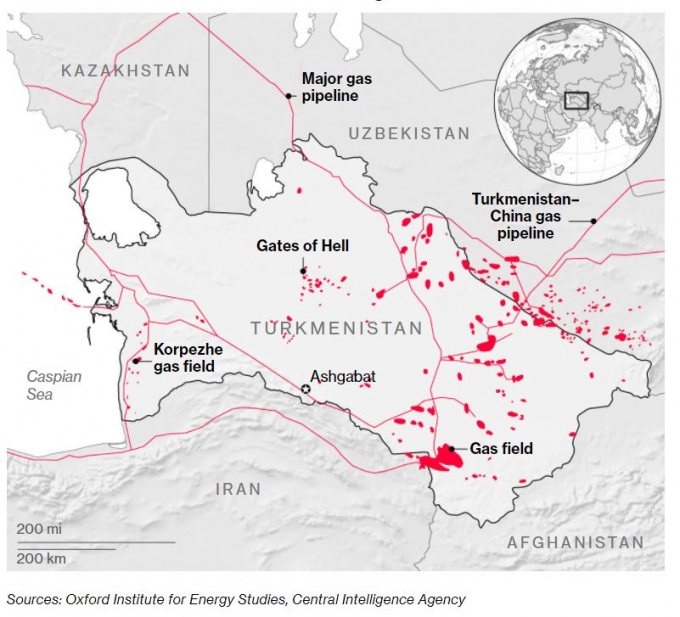 투르크메니스탄에서 메탄가스 방출이 집중되고 있음을 보여주는 그래픽.  출처 옥스포드에너지연구소, 중앙정보국/ 블룸버그 갈무리