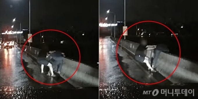 지난 15일 오후 7시쯤 경북 구미대교를 지나던 중 음주운전 차량에 치인 A씨가 경찰에 신고하자, 상대 운전자가 다리 난간에서 뛰어내리겠다고 소동을 벌였다./사진=유튜브 채널 '한문철TV'