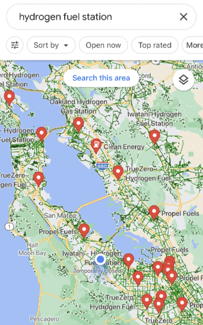구글 지도로 검색한 캘리포니아 샌프란시스코 인근 수소충전소. 주요 도로를 따라 수소충전소가 설치돼있다./사진=구글맵 캡처 