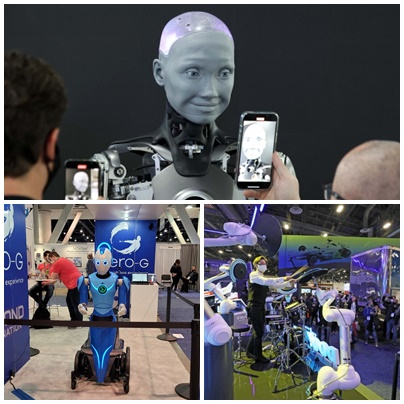 (위부터 시계방향으로)영국의 로봇기업 엔지니어드아트의 휴머노이드 로봇 아메카, 두산그룹 부스에서 관람객들이 로봇과 함께하는 드럼공연을 지켜보는 모습, 비욘드 이미지네이션의 휴머노이드 로봇 '범니'/사진=김성은 기자, 뉴스1