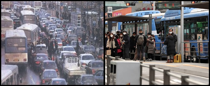 중앙차선과 대중교통 환승 시스템이 자리 잡히기 이전의 서울시 도로(왼쪽)와 2004년 7월 이후 환승 시스템이 적용된 모습. / 사진=머니투데이DB  