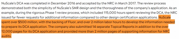 미국 원전 전문업체 뉴스케일 파워가 2020년 8월 미국원자력규제위원회(NRC)에 규제를 위해 1만 2000페이지에 달하는 보고서를 제출하고 막대한 예산을 썼다는 내용. / 사진=미국 뉴스케일파워