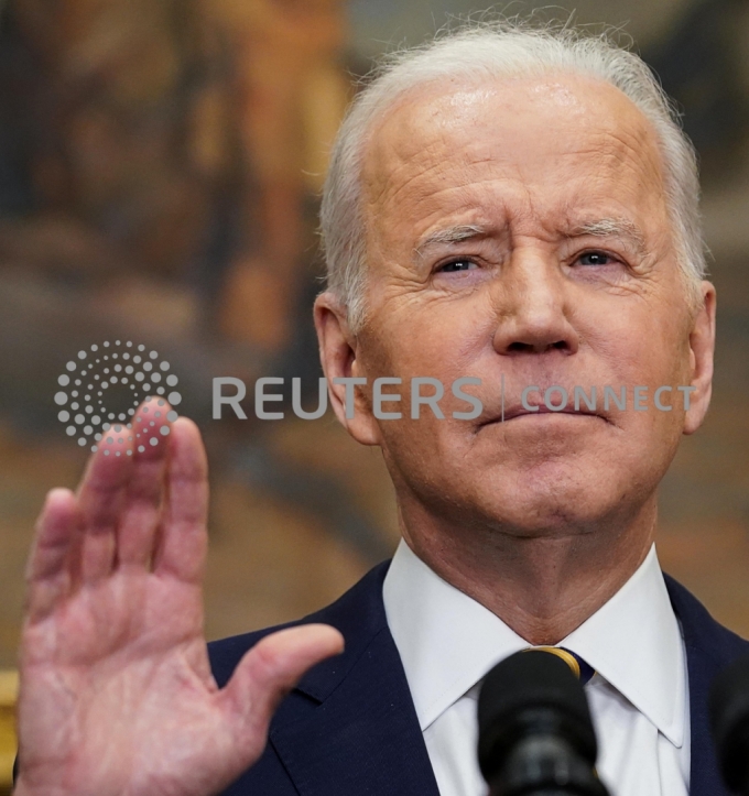 U.S. President Joe Biden announces actions against Russia for its war in Ukraine, during remarks in the Roosevelt Room at the White House in Washington, U.S., March 8, 2022. REUTERS/Kevin Lamarque