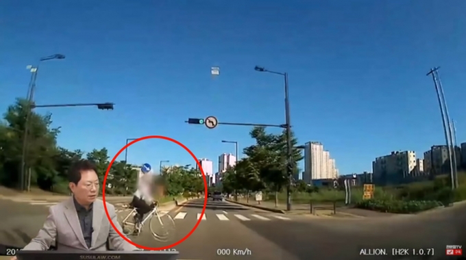 건널목을 무단횡단하던 자전거 운전자와 정상신호에 직진하던 차가 충돌하는 상황 /사진=유튜브 한문철TV