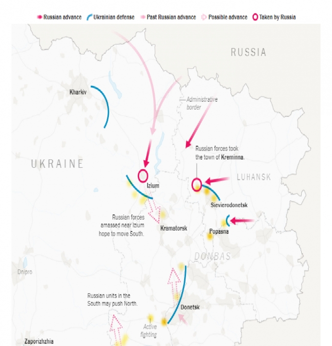 우크라이나 동부 주요 전선/사진=뉴욕타임스(NYT) 캡처
