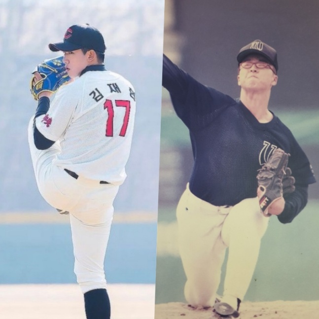 중앙고 김재현(왼쪽)과 휘문고 시절의 정형주 투수코치./사진 제공=중앙고등학교 야구부, 정형주 투수코치