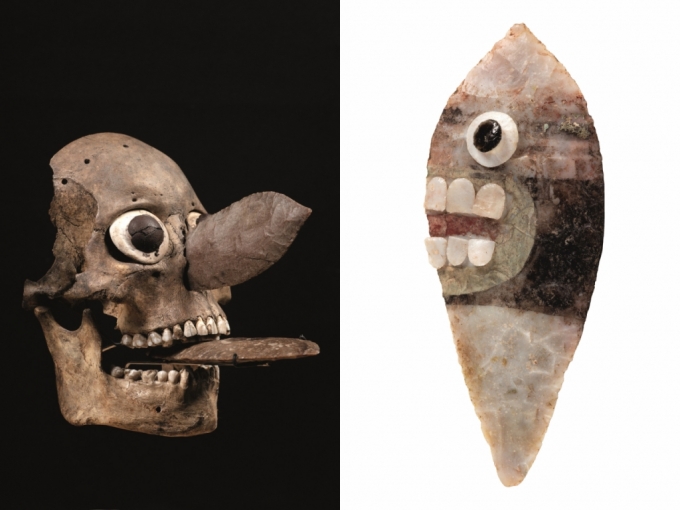 두개골 가면(왼쪽)과 얼굴모양 제의용 칼. /사진제공=국립중앙박물관