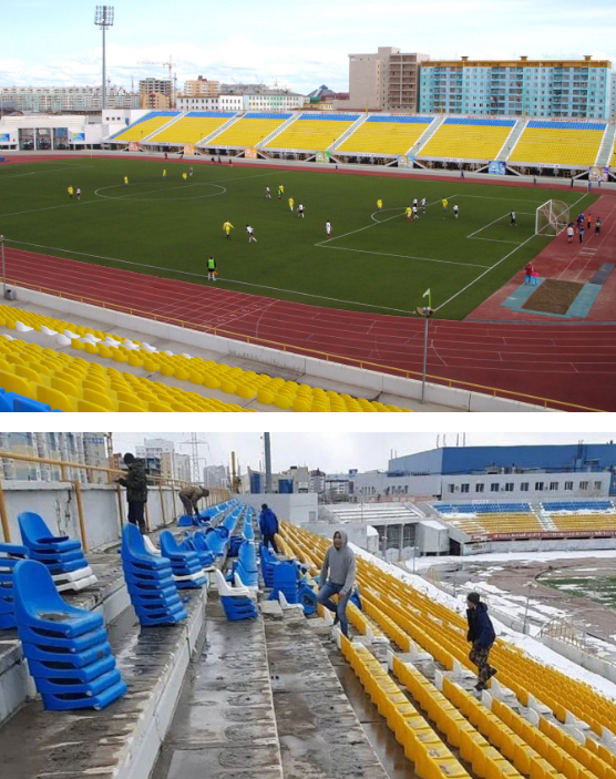 야쿠츠크 투이마아다 경기장에선 직원으로 추정되는 이들이 파란색 좌석을 뜯어내고 있는 장면이 공개됐다./사진=트위터