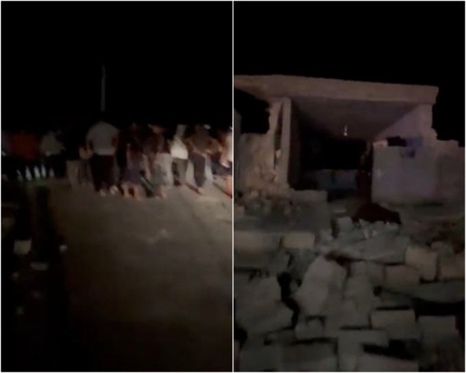 이란 남부에서 2일(현지시간) 새벽 발생한 규모 6.0 지진에 놀란 주민들이 집 밖으로 나와있다.(왼쪽) 규모 6.0의 연이은 지진에 무너진 주택 잔해 /사진=트위터 