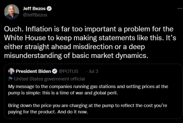 조 바이든 미국 대통령의 "석유회사들이 당장 가격을 내려야 한다"는 트윗에 제프 베이조스 아마존 창업자가 "백악관이 중요한 인플레이션 문제의 방향을 잘못 잡았다"고 지적했다. /사진=제프 베이조스 트위터 캡처