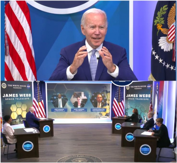 조 바이든 미국 대통령이 11일(현지시간) 백악관에서 제임스 웹 우주망원경(JWST)이 포착한 은하단에 대해 이야기하고 있는 모습. / 사진=백악관 유튜브 장면 갈무리
