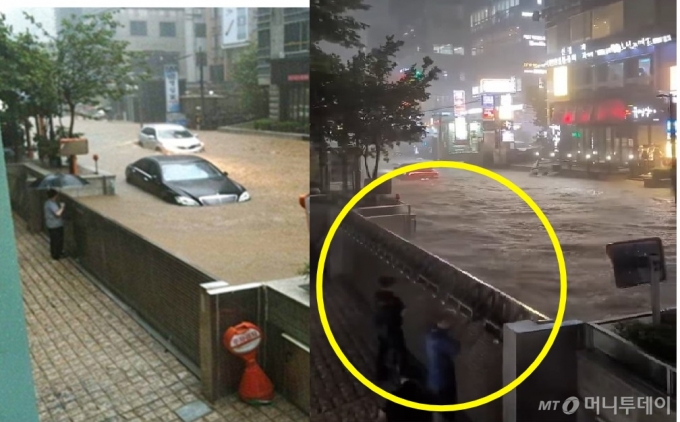 주차장을 폭우로부터 지켜낸 청남 빌딩 물막이. (왼쪽은 10년 전 모습) /사진=온라인 커뮤니티