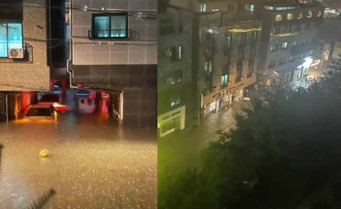 지난 10일 많은 비가 내린 충북 청주시 한 도로에 물이 차올라 건물과 차량이 침수된 모습 /사진=온라인 커뮤니티