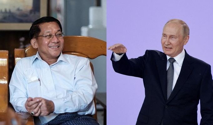 민 아웅 흘라잉 미얀마 최고사령관(왼쪽)과 블라디미르 푸틴 러시아 대통령/AFP,로이터=뉴스1