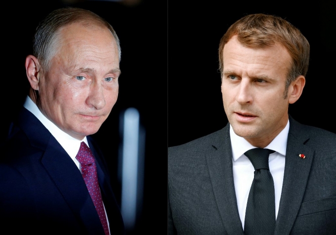  블라디미르 푸틴 러시아 대통령(왼쪽), 에마뉘엘 마크롱 프랑스 대통령(오른쪽)/AFPBBNews=뉴스1