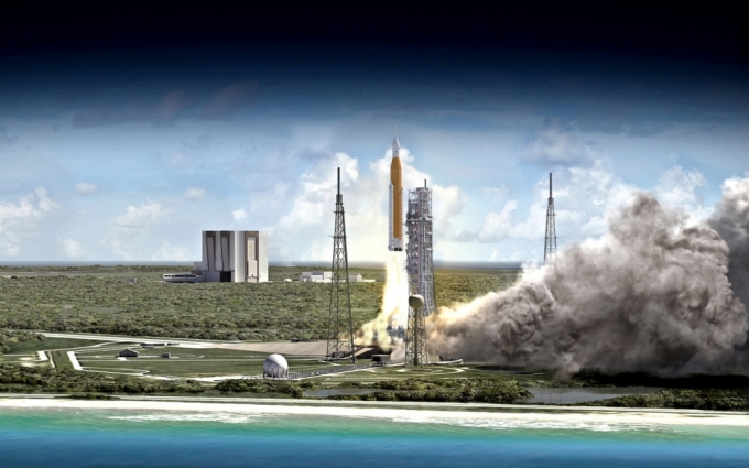 미국항공우주국(NASA)의 아르테미스 1호 로켓인 우주발사시스템(SLS). 우주로 떠나는 모습을 상상도로 나타낸 사진. / 사진=미국항공우주국(NASA)