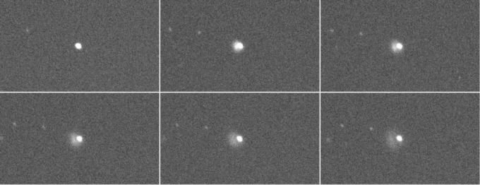 미국항공우주국(NASA)의 다트(DART) 우주선 충돌 전후 촬영한 영상. 왼쪽 상단은 충돌 직전의 소행성 디모포스, 나머지 5개 사진은 충돌 직후 먼지가 분출되는 모습이 포착됐다. / 사진제공=한국천문연구원