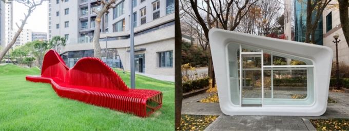 단지·주택분야 시공자동화 부문에서 혁신상을 수상한 3D프린팅 기술로 제작한 옥외용 벤치(왼쪽)와 3D프린팅 비정형 거푸집으로 제작한 콘크리트 구조물 /사진=현대건설