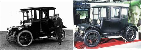 1913년 당시 에디슨이 자신의 전기자동차와 함께한 모습(왼쪽), 현재 강릉 박물관에 소장중인 에디슨 전기자동차/사진제공=에디슨과학·손성목영화·참소리축음기 박물관
