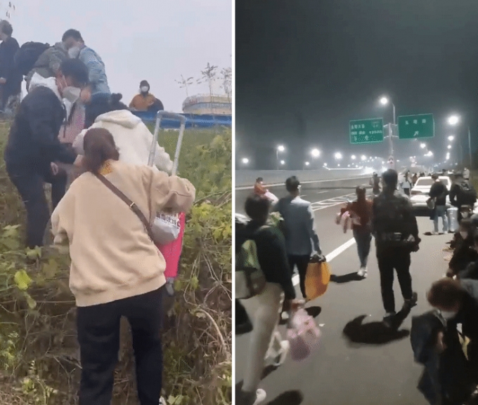 중국 정저우 폭스콘 공장을 탈출해 고향으로 향하는 근로자들/ⓒ도우인 캡처