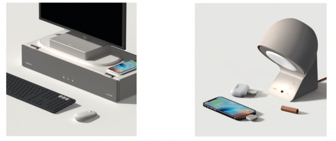 모니터와 휴대폰, 각종 악세사리를 동시에 무선 충전할 수 있는 제품 '데스크온'(사진 왼쪽)과 인테리어 조명형 제품 '스페이스온'/사진제공=워프솔루션 