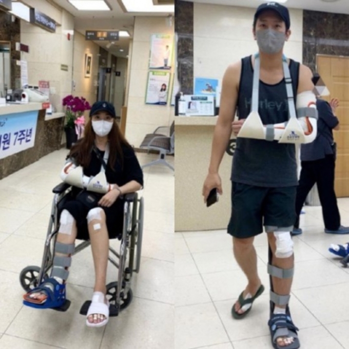 오토바이 사고 후 치료를 받고 있는 민지영, 김형균. 민지영 /사진=민지영 인스타그램