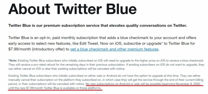 11일(현지시간) 트위터 웹사이트에 따르면 트위터는 11월 9일 이후 개설된 계정은 '트위터 블루' 유료 서비스를 구독할 수 없다고 공지했다. /사진=트위터 웹사이트