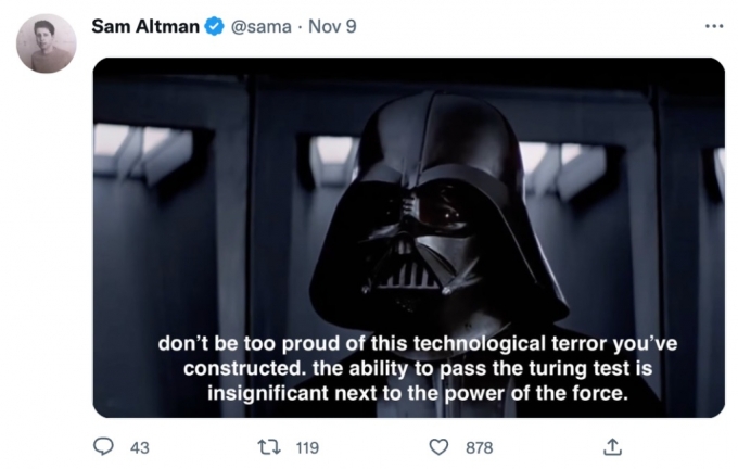 지난 9일(현지시간) 샘 알트만 오픈AI CEO은 자신의 트위터에 튜링테스트와 관련된 포스트를 게재했다. /사진=샘 알트만 트위터