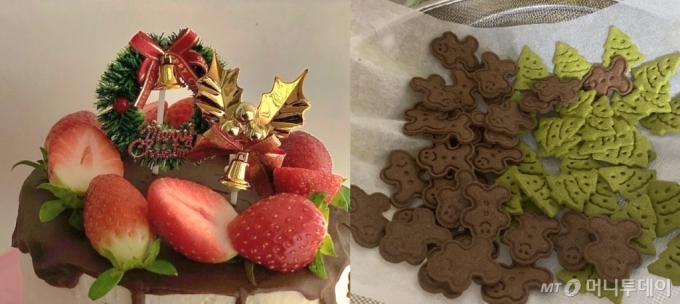 대학생 이모씨(23)가 지난해 크리스마스에 가족들과 함께 만든 케이크(왼쪽)과 2020년 크리스마스에 지인들에게 선물한 트리 모양의 쿠키. /사진=독자 제공