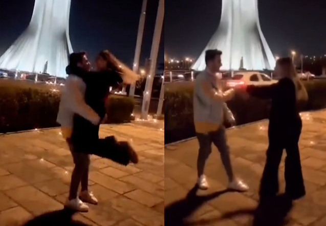 공공장소에서 춤을 춘 이후 체포된 아스티아즈 하키키(21)와 아미르 모하다므 아마디(22)가 춤을 추는 모습 /사진=BBC 갈무리