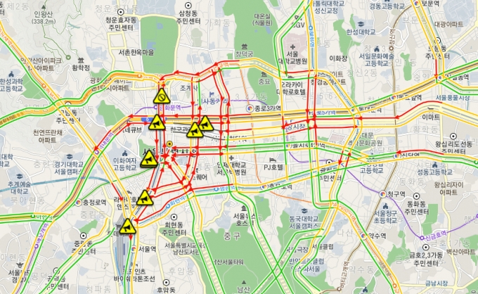 1일 오후 4시기준 서울 주요 도심에 교통통제가 진행 중이다. /사진= 서울시 교통정보센터(TOPIS) 홈페이지