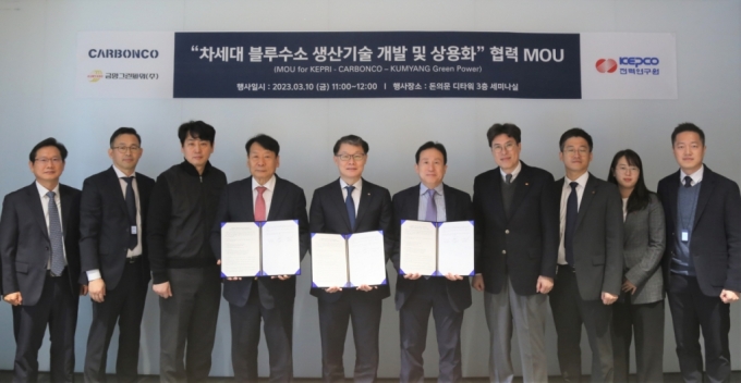 카본코와 한국전력공사 전력연구원, 금양그린파워 관계자들이 ‘차세대 블루수소 생산기술 개발 및 상용화’를 위한 양해각서(MOU)를 체결했다. /사진=DL이앤씨