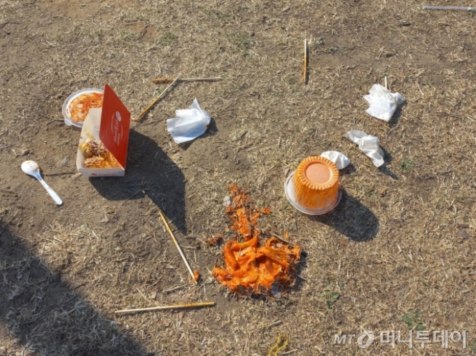27일 오전 9시쯤 서울 영등포구 여의도 한강 공원에 버려진 음식물 쓰레기들./ 사진=김지은 기자 