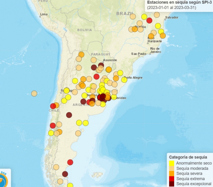 남아메리카 건조도 표시지도. 붉은색이 짙어질수록 가뭄도가 심함./사진=SISSA 갈무리
