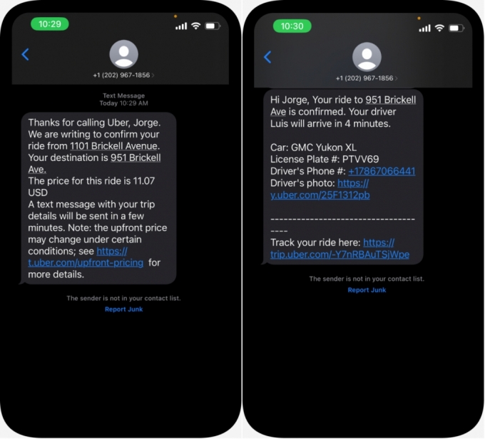 1-833-우버 유즈로 우버 이동 서비스 예약 후 확정 정보를 문자로 전달 받은 화면(왼쪽)과 우버 기사 관련 정보 화면. /사진=우버