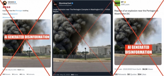 22일(현지시간) 트위터 등 소셜미디어(SNS)를 통해 확산된 미국 국방부 청사 펜타곤 인근 폭발 사고 사진 /사진=트위터