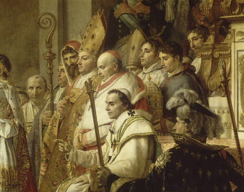 다비드, '나폴레옹의 대관식' 1807. 부분확대. 프랑스 루브르 박물관. 맨 왼쪽 뒷모습만 나온 이가 나폴레옹, 그 오른쪽이 카이사르를 그린 캐릭터. 흰 옷을 입고 앉아서 손가락을 모은 이가 교황이다. /사진= 루브르 박물관