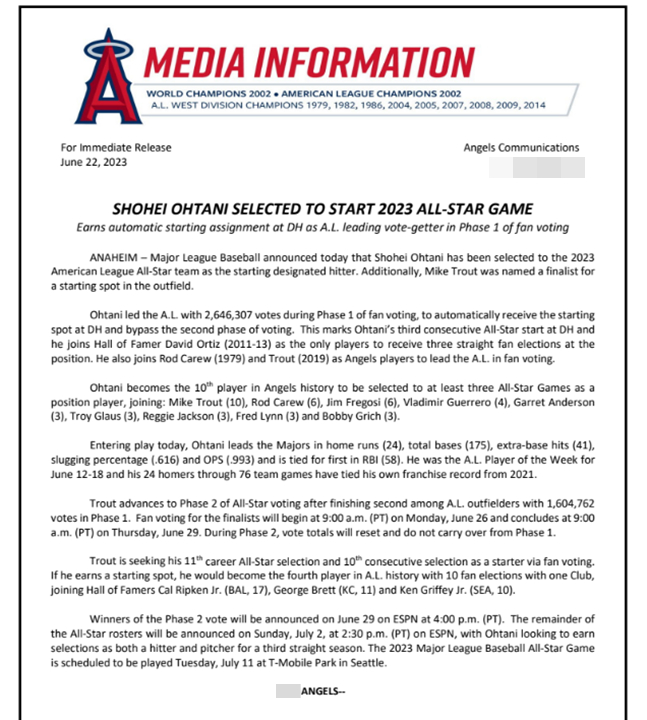 오타니의 올스타전 리그 1위 소식을 알리는 보도자료.  /사진=LA 에인절스 구단 제공
