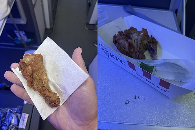 중남미 터크스 케이커스 제도 프로비덴시알레스 공항을 떠나 런던 히드로 공항으로 향하는 BA252편 항공기에서 기내식으로 KFC 치킨 한 조각을 준 사실이 알려져 논란이다. /사진=SNS 갈무리
