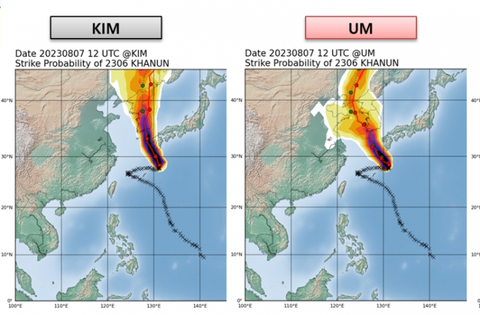 한국형 지역수치 예보모델(KIM·좌)과 영국통합모델(UM·우)이 내놓은 제6호 태풍 카눈의 예상 경로./사진=기상청 제공 
