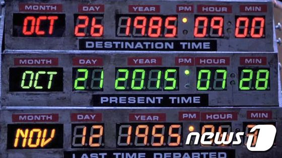 영화 '백투더퓨처2'에 등장하는 타임머신 속 시간 설정 기계. '2015년 10월 21일 오전 7시 28분'으로 예약된 것을 볼 수 있다. /사진=뉴스1