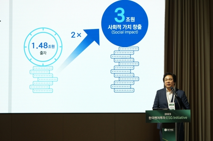 유웅환 한국벤처투자 대표가 30일 서울 강남 조선팰리스에서 열린 '2023 한국벤처투자 ESG 이니셔티브(Initiative)' 행사에 참석해 ESG 경영 추진방향에 대해 말하고 있다./사진제공=한국벤처투자