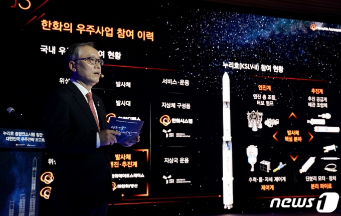 신현우 한화에어로스페이스 대표가 25일 전남 고흥군 나로우주센터에서 열린 대한민국 우주전략보고회에서 '스페이스 허브를 통한 민간우주사업 확대 방향'을 주제로 우주산업 진출전략을 발표하고 있다. 2021.3.25/뉴스1  