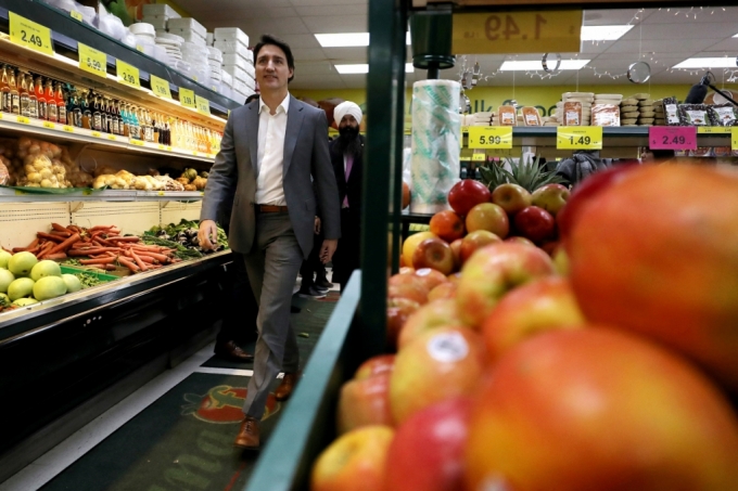 저스틴 트뤼도 캐나다 총리가 지난 14일(현지시간) 캐나다 브리티시컬럼비아주 서리에 있는 후르티카나 식료품점을 방문하고 있다. /로이터=뉴스1