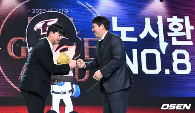 노시환(왼쪽)이 김현수 회장으로부터 올해의 선수상을 받고 있다.
