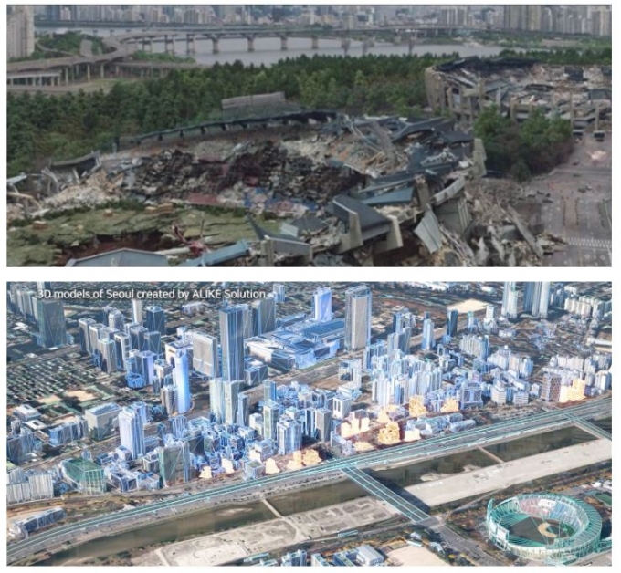 넷플릭스 시리즈 '스위트홈 시즌2'에 나오는 서울 잠실 종합운동장 일대가 파괴된 모습(위)과 네이버랩스가 제작한 서울시 3D 모델링 데이터 /사진=YN C&S