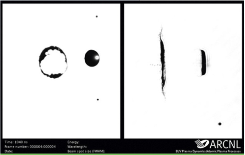 나노리소그래피 고급연구센터(ARCNL: Advanced Research Center for Nanolithography)에서 촬영한 주석 방울이 CO2 레이저에 맞아 팬케이처름 퍼지는 모습. 왼쪽 사진의 왼쪽은 레이저를 맞은 후 주석방울의 정면, 왼쪽 사진의 오른쪽은 레이저를 맞기 전 주석방울 원형 모습. 오른쪽 사진의 오른쪽은 레이저를 맞기전 주석 방울의 측면, 오른쪽 사진의 왼쪽은 레이저를 맞은 후 팬케잌처럼 퍼진 주석방울의 옆면 사진 /사진제공=ARCNL