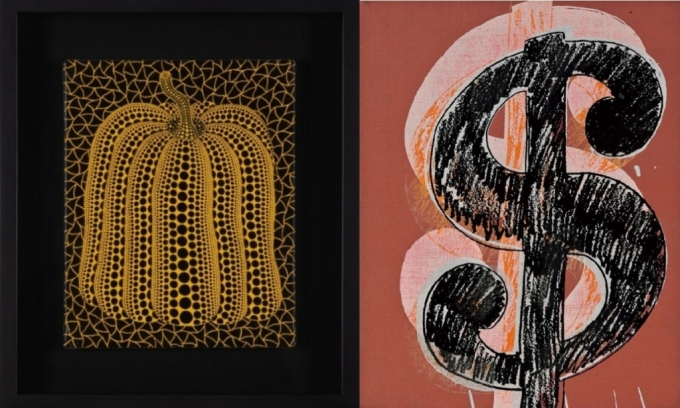 야요이 쿠사마의 작품 '호박(Pumpkin)'(왼쪽)과 앤디 워홀의 작품 '달러 사인(Dollar Sign)' /사진제공=각 사