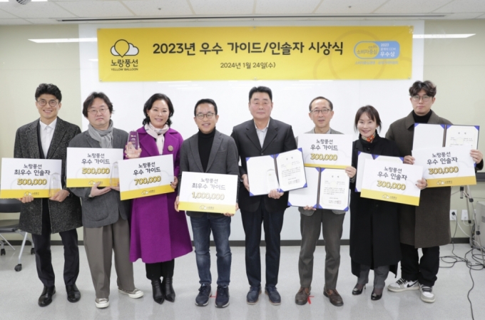 (왼쪽에서 네번째) 노랑풍선 김진국 대표이사와 우수 가이드 및 인솔자들이 기념촬영을 하고 있다. /사진제공=노랑풍선